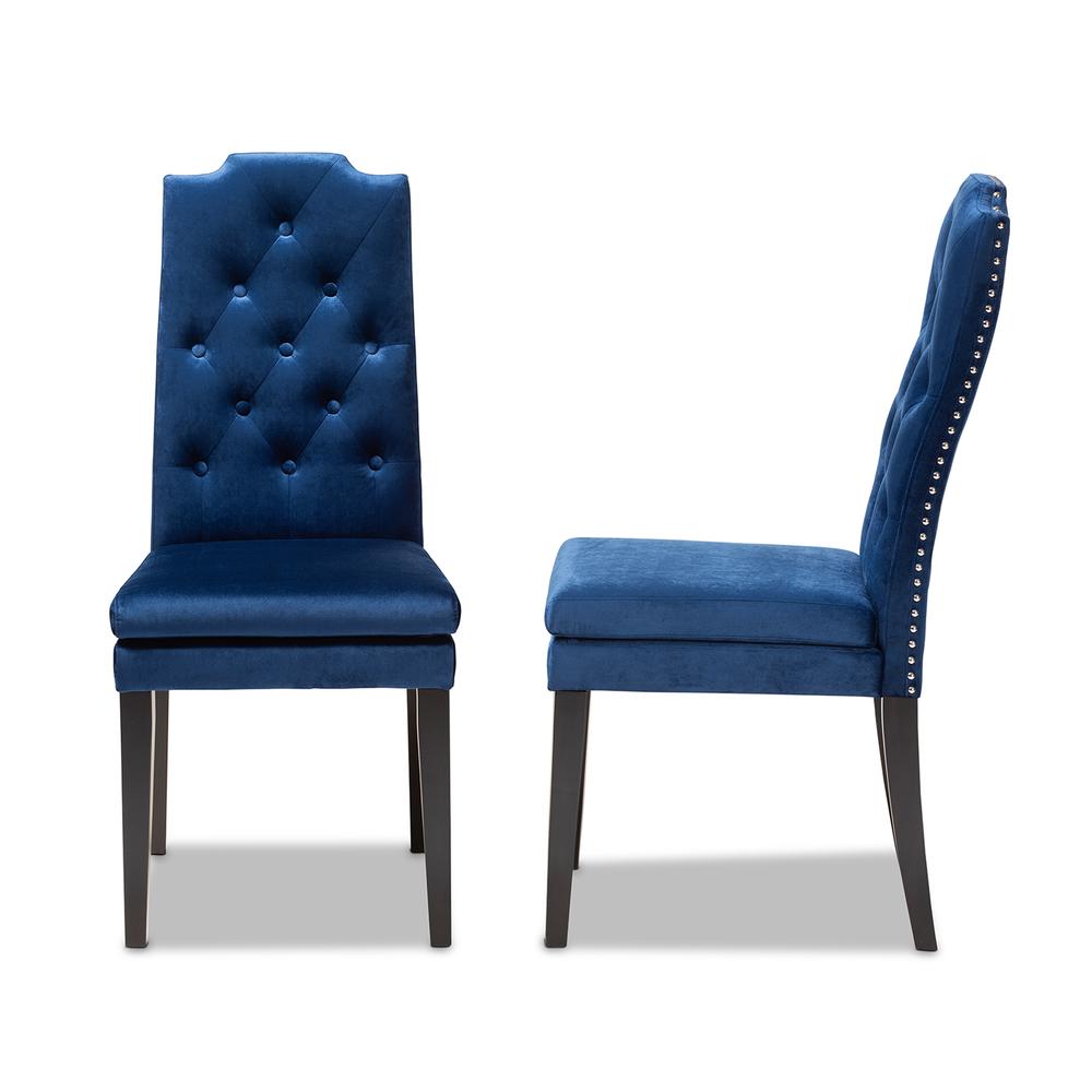 Navy Blue Velvet Fabric Upholstered Button Tufted Wood Dining Chair Set of 2. Picture 10