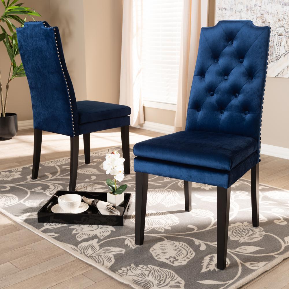 Navy Blue Velvet Fabric Upholstered Button Tufted Wood Dining Chair Set of 2. Picture 12