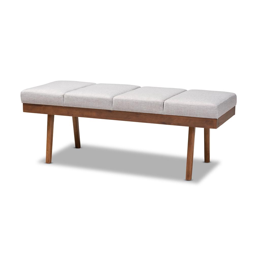 Larisa Mid-Century Modern Grayish Beige Fabric Upholstered Wood Bench. Picture 9