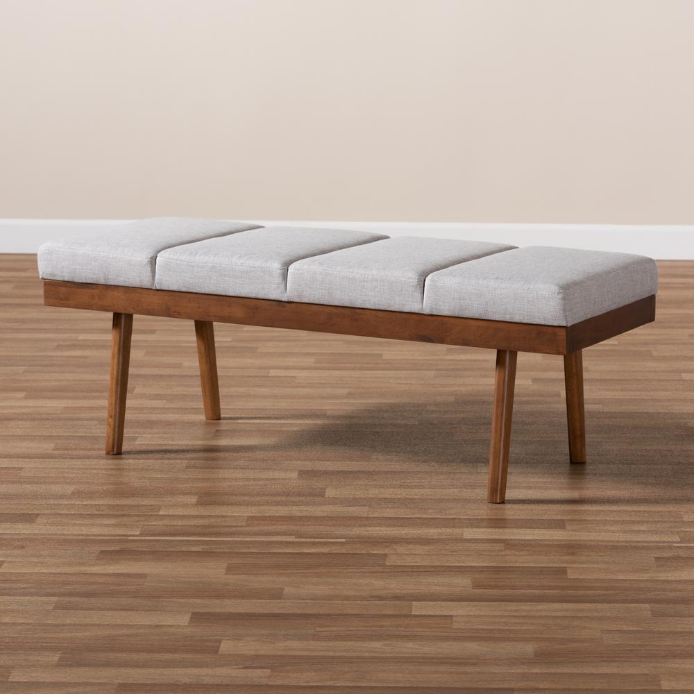 Larisa Mid-Century Modern Grayish Beige Fabric Upholstered Wood Bench. Picture 15