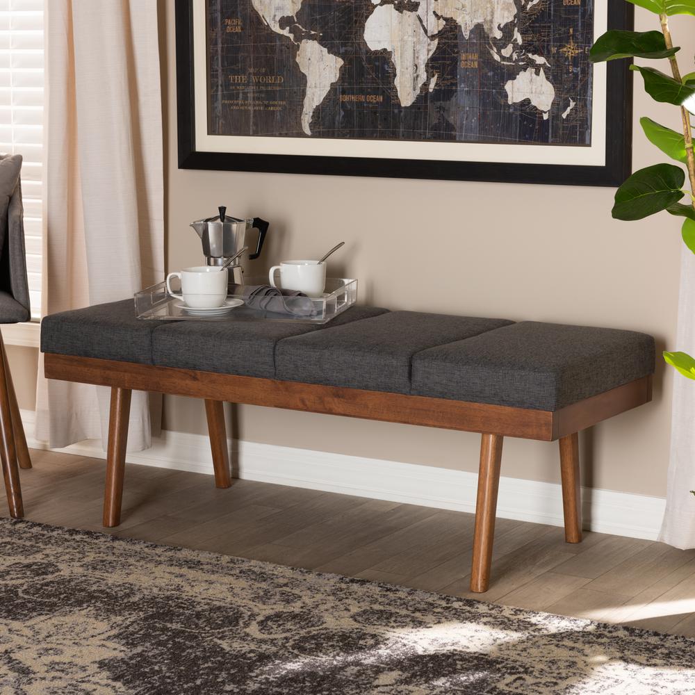 Baxton Studio Larisa Mid-Century Modern Charcoal Fabric Upholstered Wood Bench. Picture 14