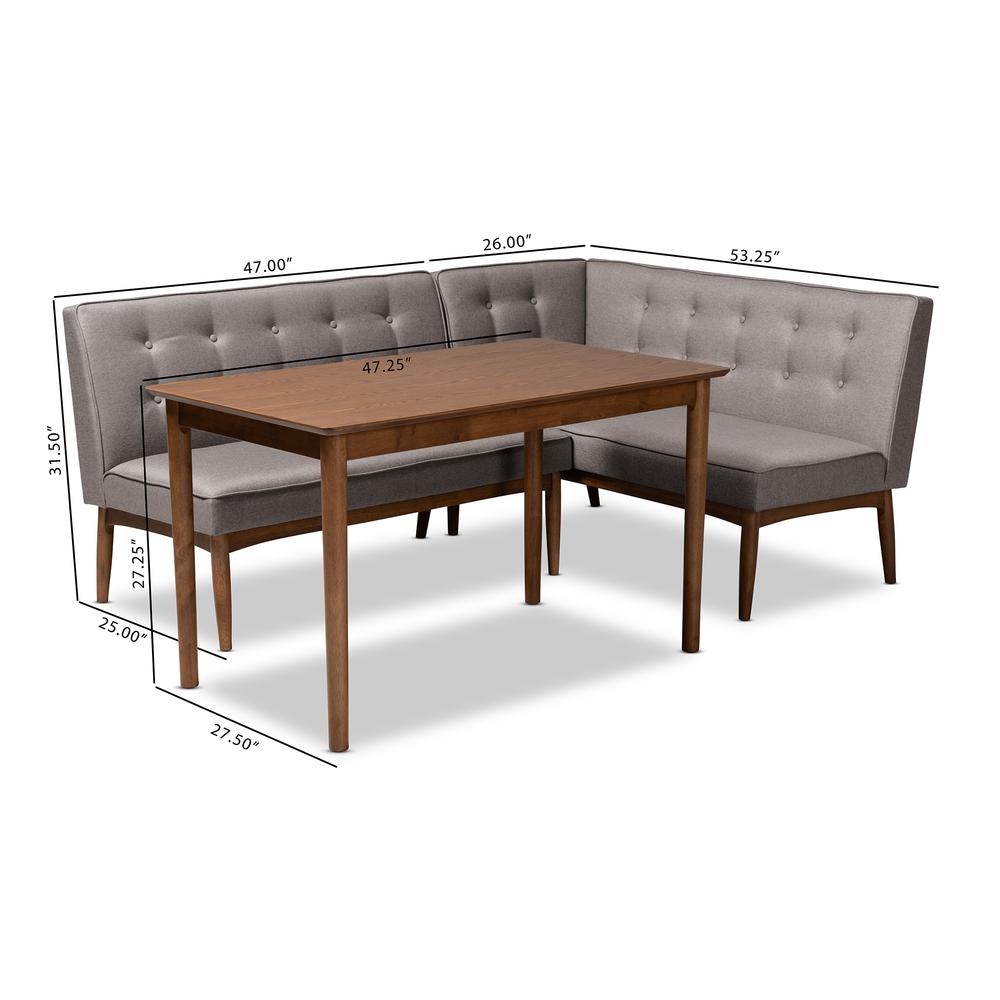 Arvid Mid-Century Modern Gray Fabric Upholstered 3-Piece Wood Dining Nook Set. Picture 12