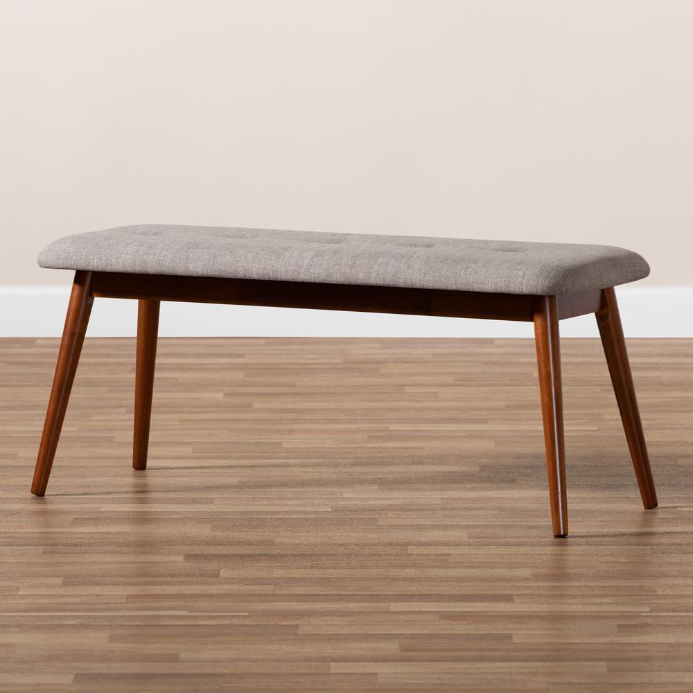 Light Grey Fabric Upholstered Medium Oak Finished Wood Dining Bench. Picture 9