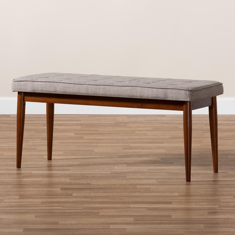 Light Grey Fabric Upholstered Medium Oak Finished Wood Dining Bench. Picture 9