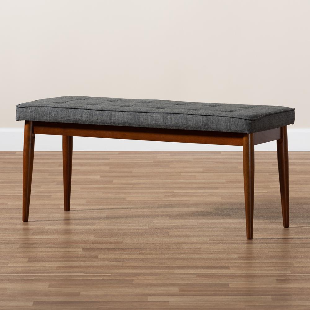 Dark Grey Fabric Upholstered Medium Oak Finished Wood Dining Bench. Picture 9