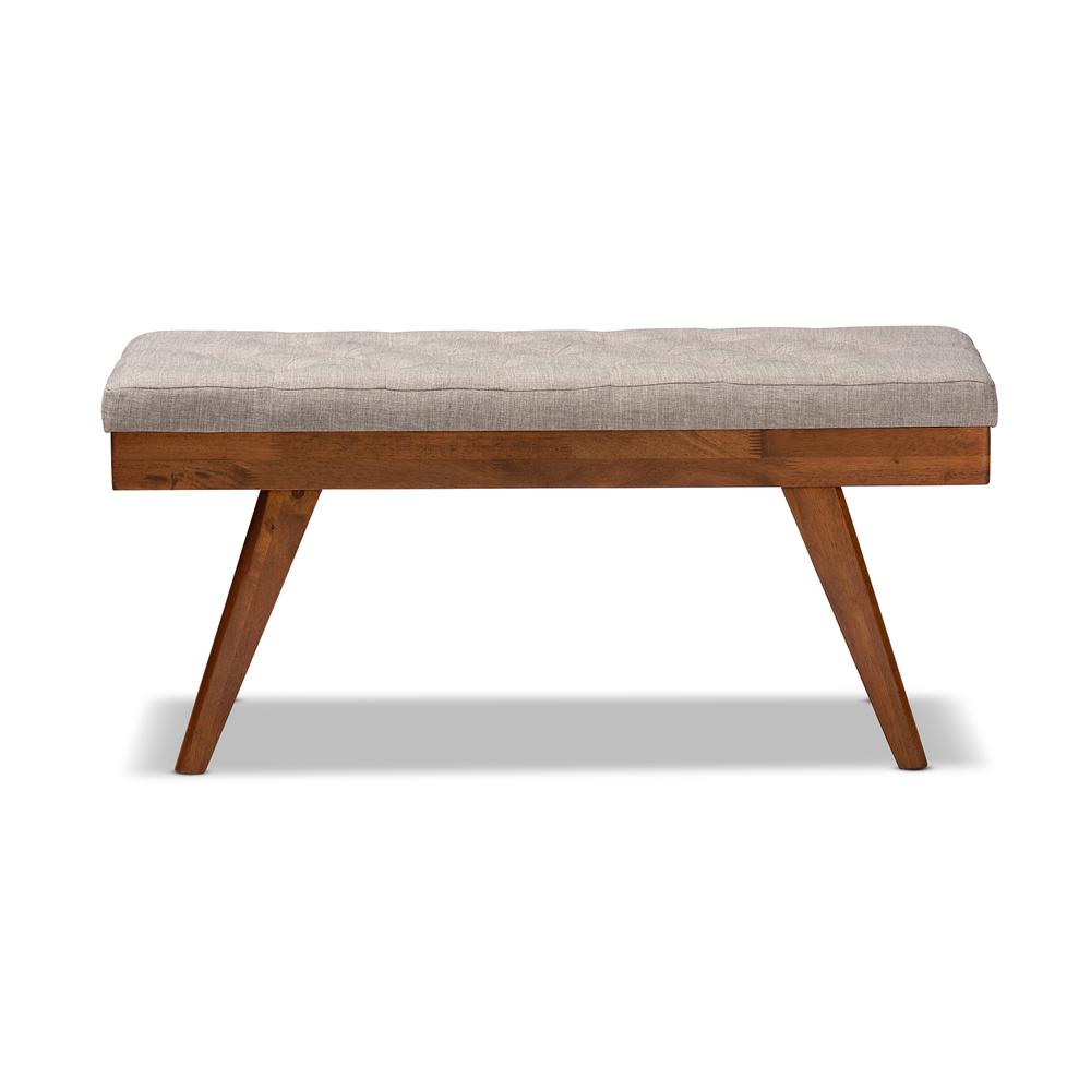 Alona Mid-Century Modern Light Grey Fabric Upholstered Wood Dining Bench. Picture 10