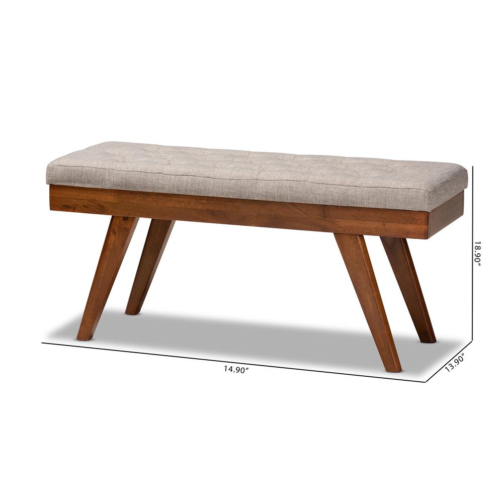 Alona Mid-Century Modern Light Grey Fabric Upholstered Wood Dining Bench. Picture 16