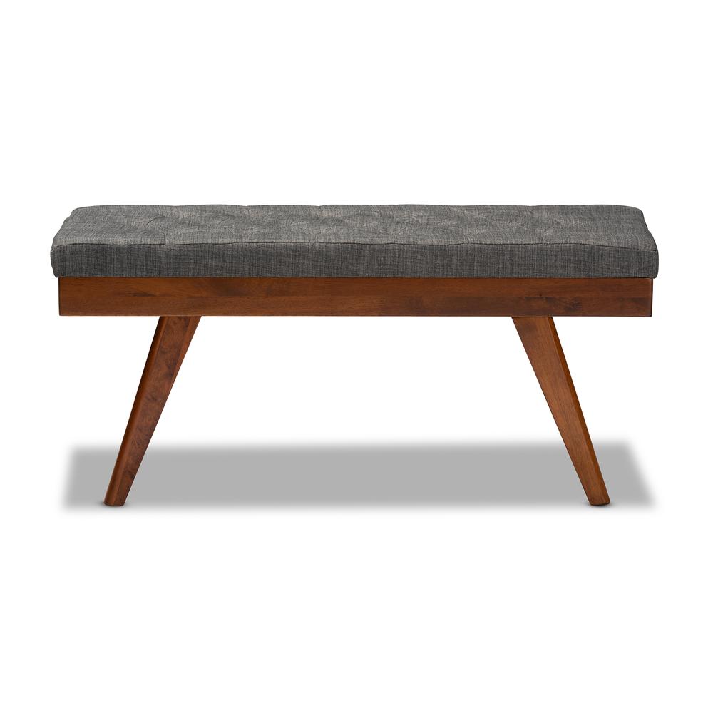 Alona Mid-Century Modern Medium Grey Fabric Upholstered Wood Dining Bench. Picture 10
