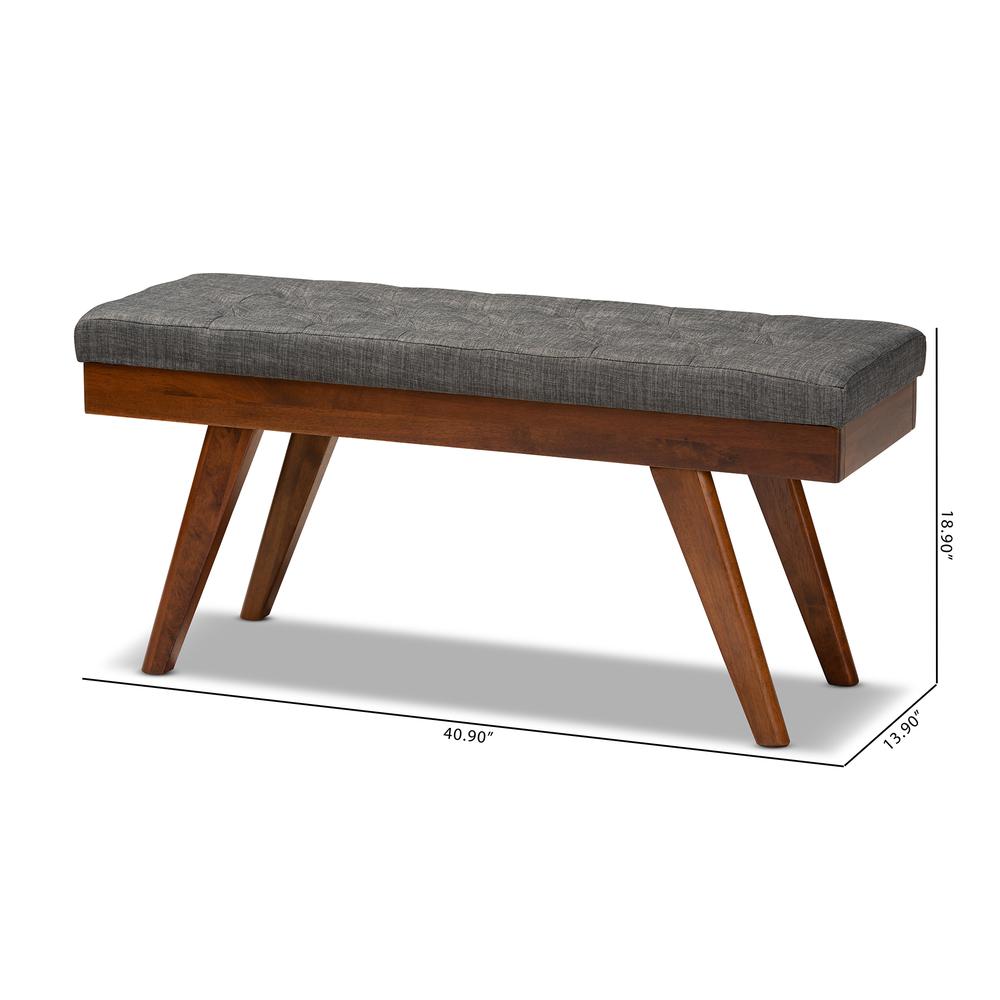 Alona Mid-Century Modern Medium Grey Fabric Upholstered Wood Dining Bench. Picture 16