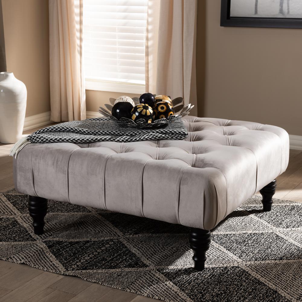 Baxton Studio Keswick Transitional Grey Velvet Fabric Upholstered Button Tufted Cocktail Ottoman. Picture 6