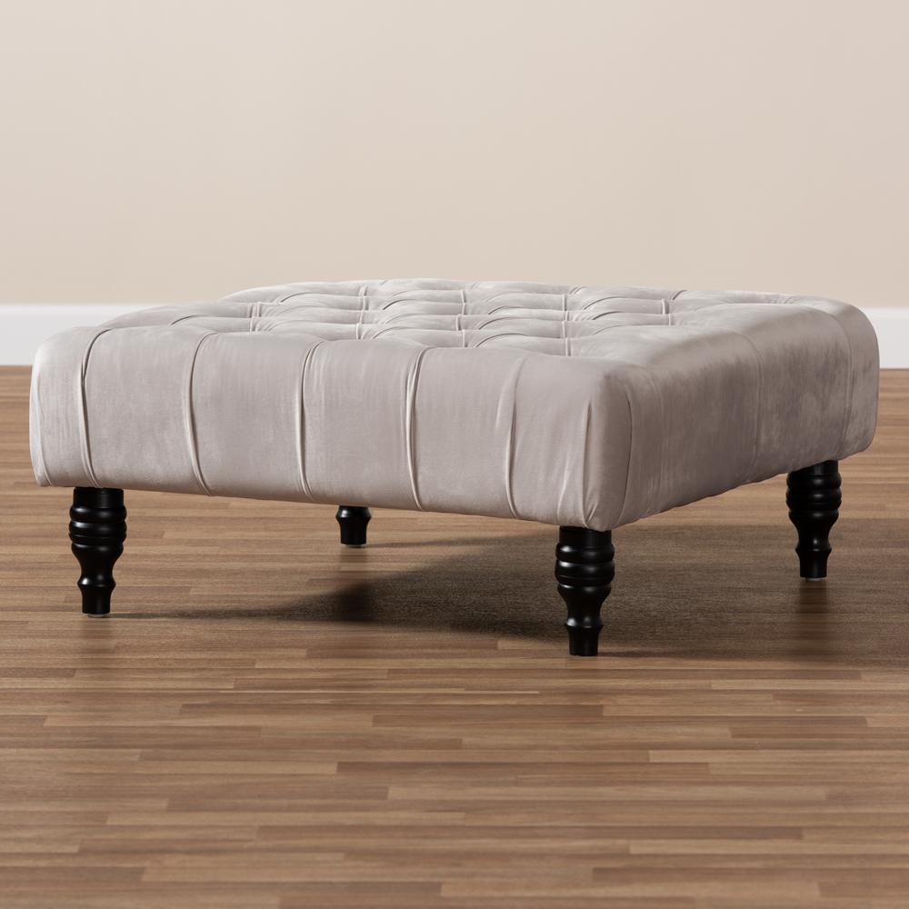 Transitional Grey Velvet Fabric Upholstered Button Tufted Cocktail Ottoman. Picture 13