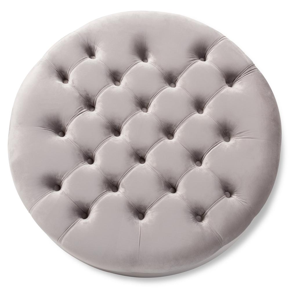 Transitional Grey Velvet Fabric Upholstered Button Tufted Cocktail Ottoman. Picture 8
