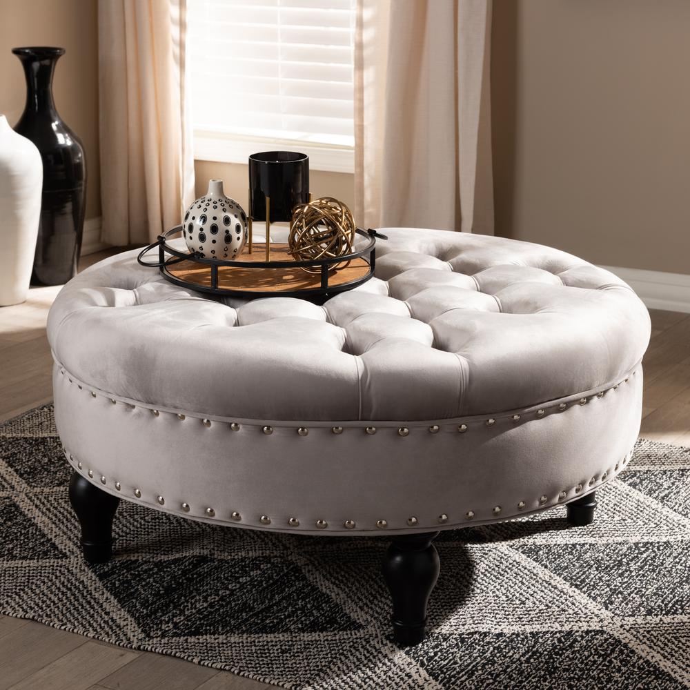 Transitional Grey Velvet Fabric Upholstered Button Tufted Cocktail Ottoman. Picture 10