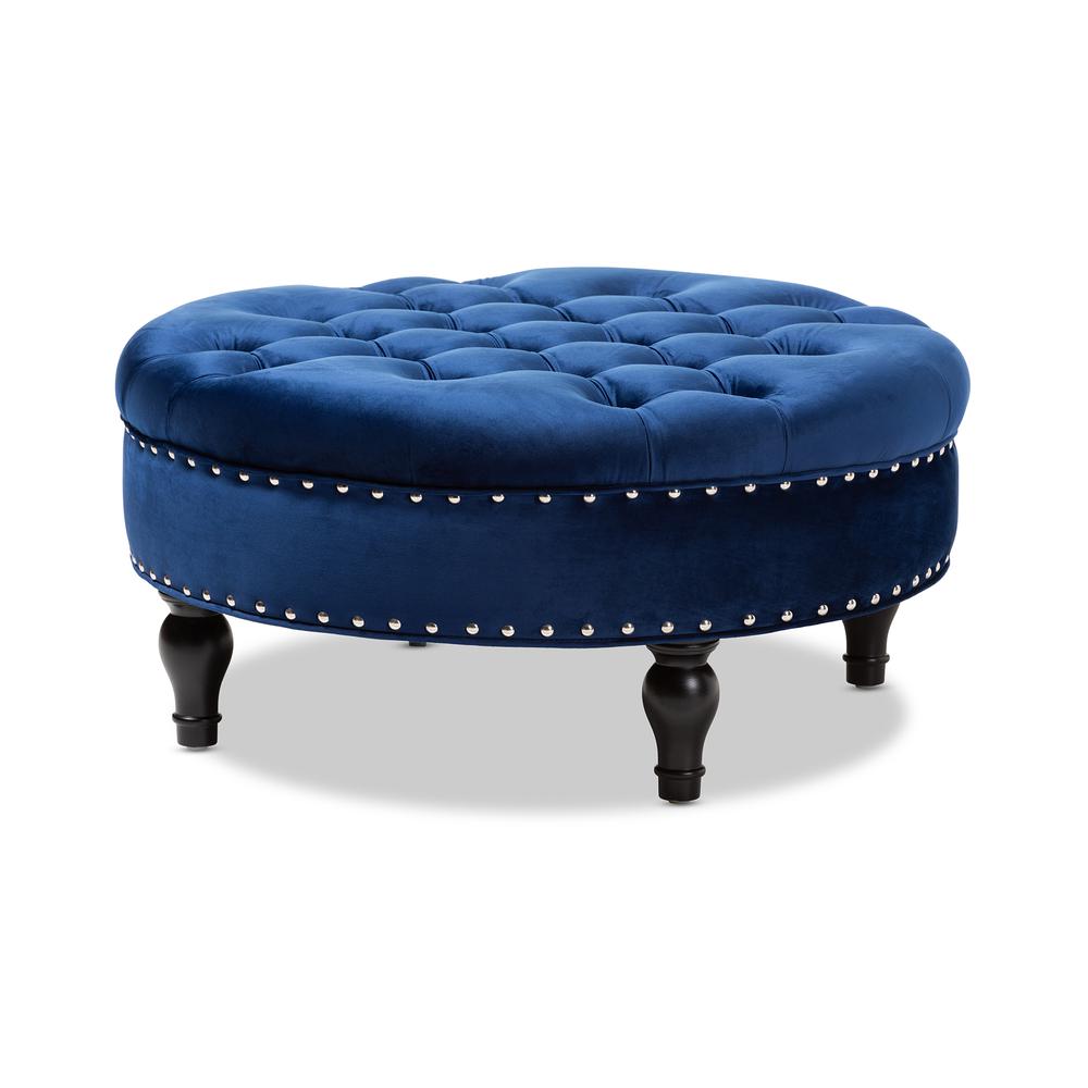 Transitional Blue Velvet Fabric Upholstered Button Tufted Cocktail Ottoman. Picture 7
