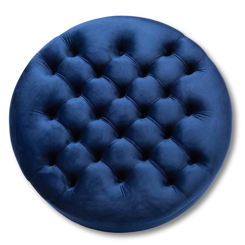 Transitional Blue Velvet Fabric Upholstered Button Tufted Cocktail Ottoman. Picture 8