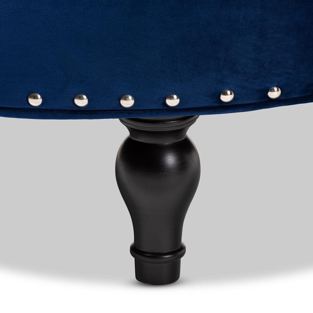 Transitional Blue Velvet Fabric Upholstered Button Tufted Cocktail Ottoman. Picture 9