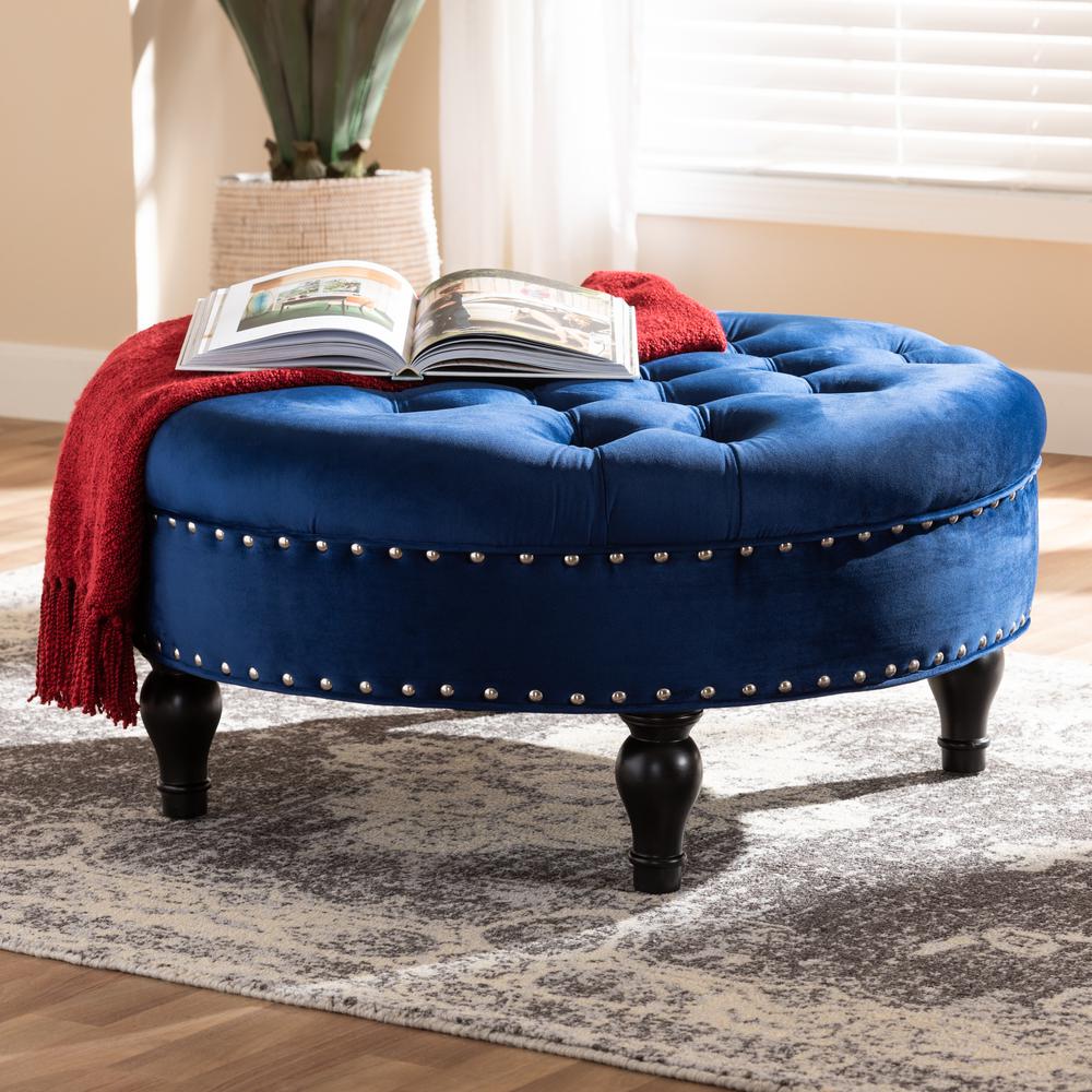 Transitional Blue Velvet Fabric Upholstered Button Tufted Cocktail Ottoman. Picture 10