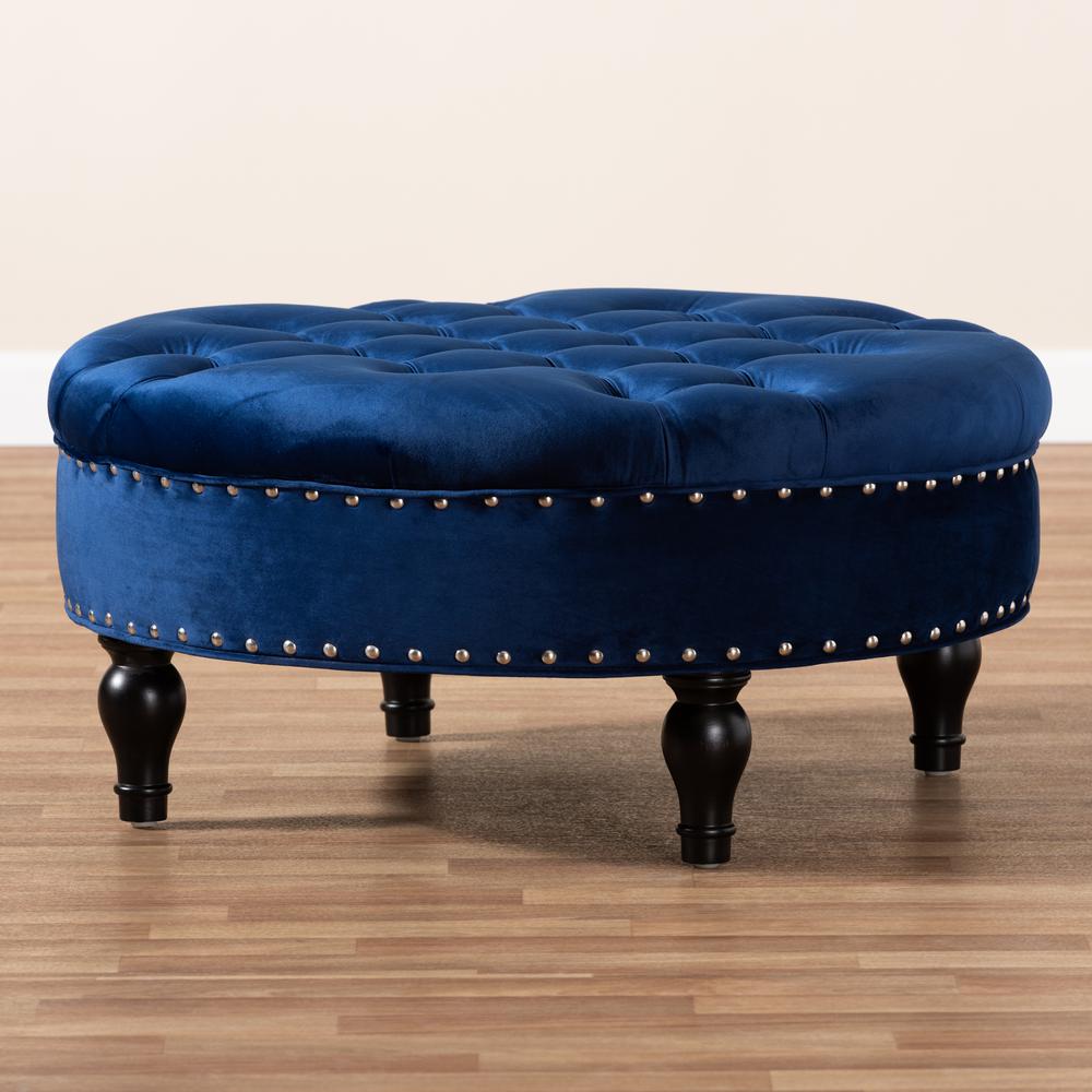 Transitional Blue Velvet Fabric Upholstered Button Tufted Cocktail Ottoman. Picture 11
