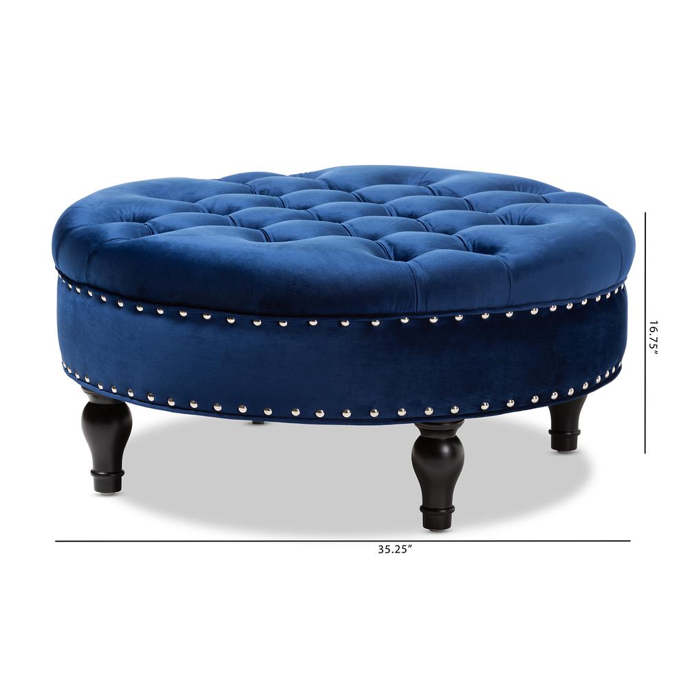 Transitional Blue Velvet Fabric Upholstered Button Tufted Cocktail Ottoman. Picture 12