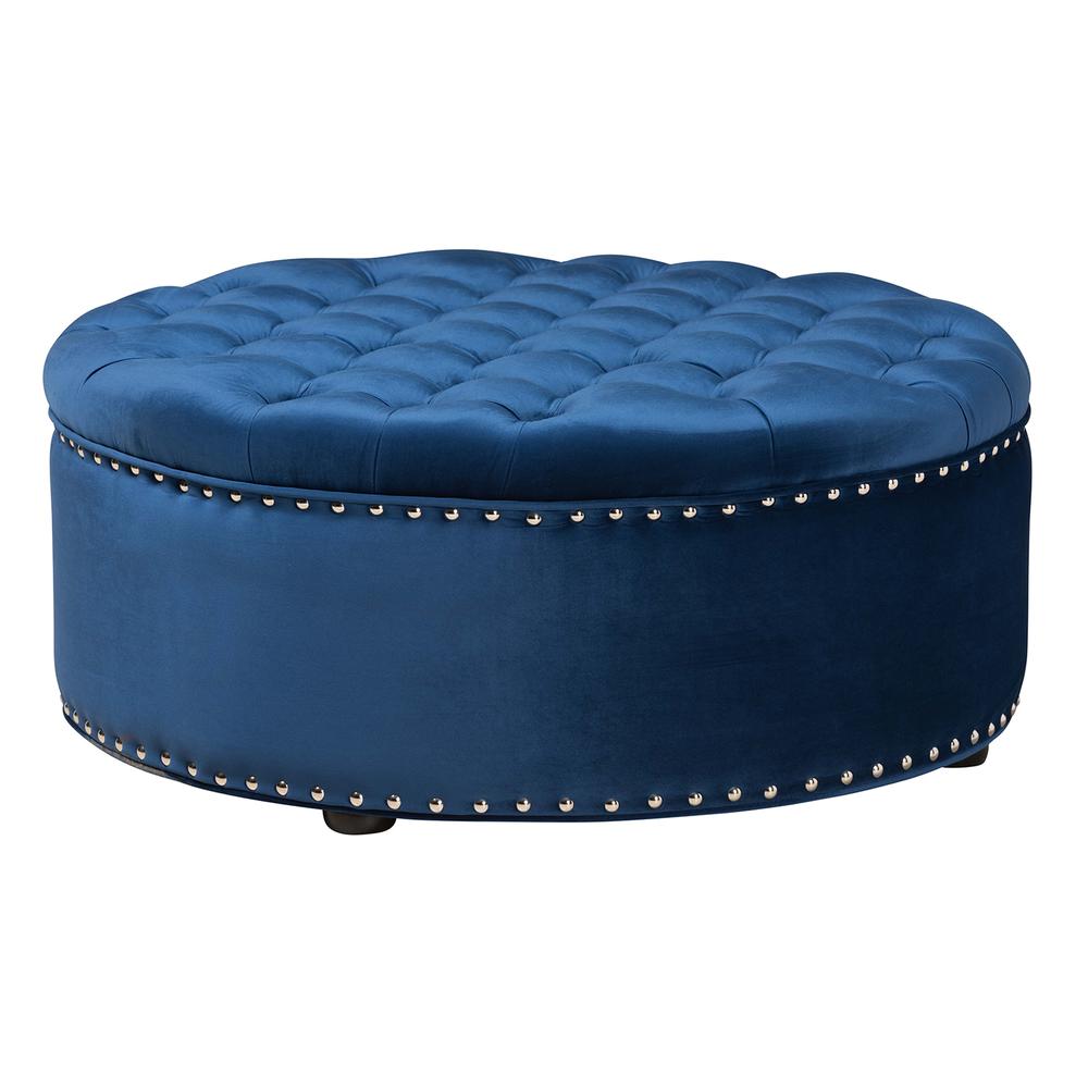 Royal Blue Velvet Fabric Upholstered Tufted Cocktail Ottoman. Picture 8