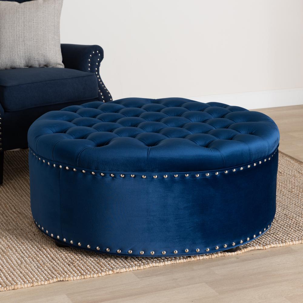Royal Blue Velvet Fabric Upholstered Tufted Cocktail Ottoman. Picture 12