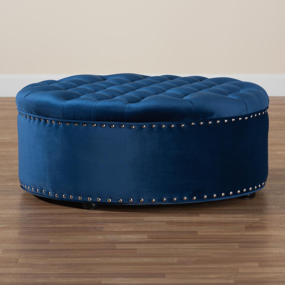 Royal Blue Velvet Fabric Upholstered Tufted Cocktail Ottoman. Picture 13