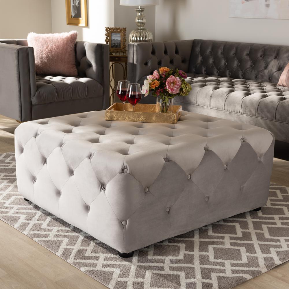 Slate Gray Velvet Fabric Upholstered Button-Tufted Cocktail Ottoman. Picture 12