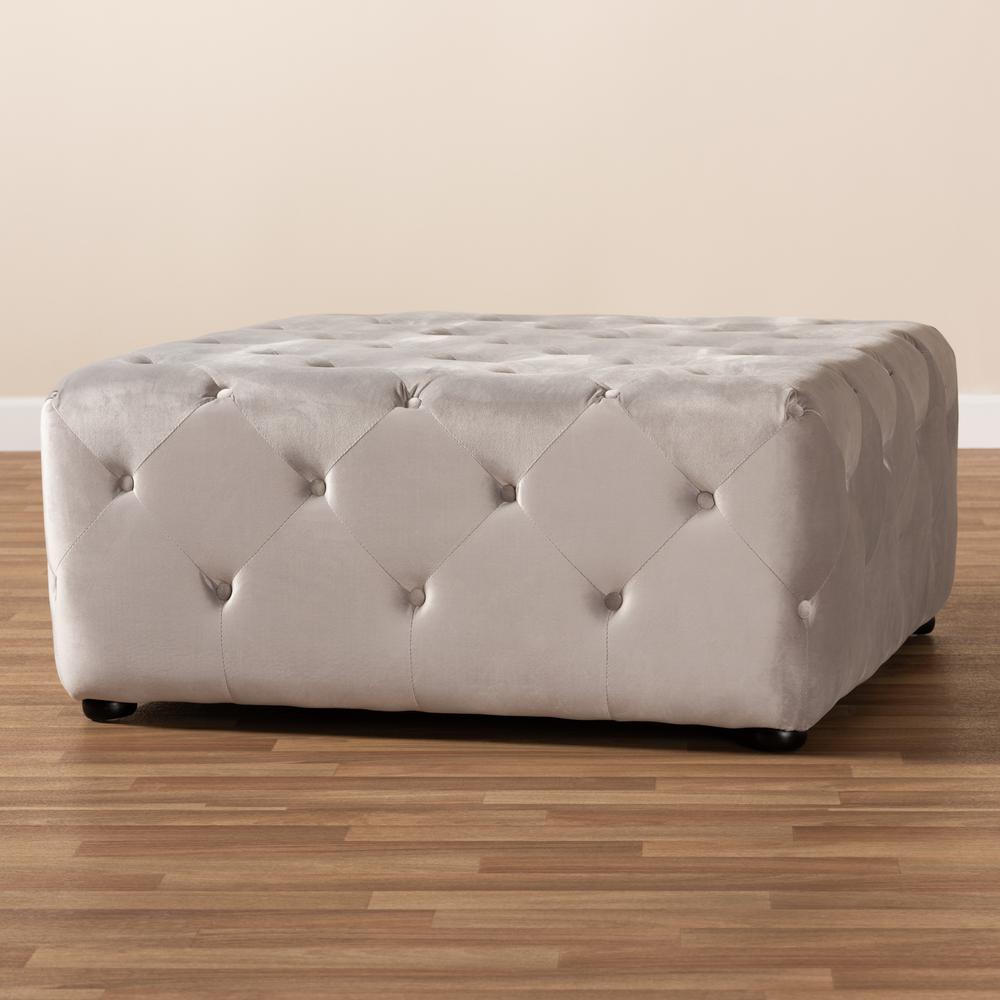 Slate Gray Velvet Fabric Upholstered Button-Tufted Cocktail Ottoman. Picture 13