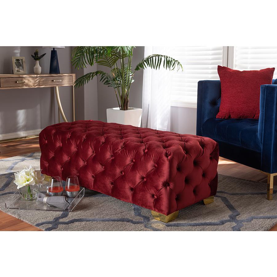 Baxton Studio Avara Glam and Luxe Burgundy Velvet Fabric Upholstered Gold Finished Button Tufted Bench Ottoman. Picture 7
