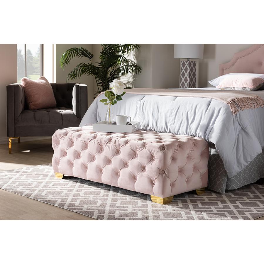 Baxton Studio Avara Glam and Luxe Light Pink Velvet Fabric Upholstered Gold Finished Button Tufted Bench Ottoman. Picture 7
