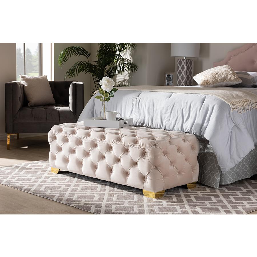 Gold Finished Button Tufted Bench Ottoman. Picture 9
