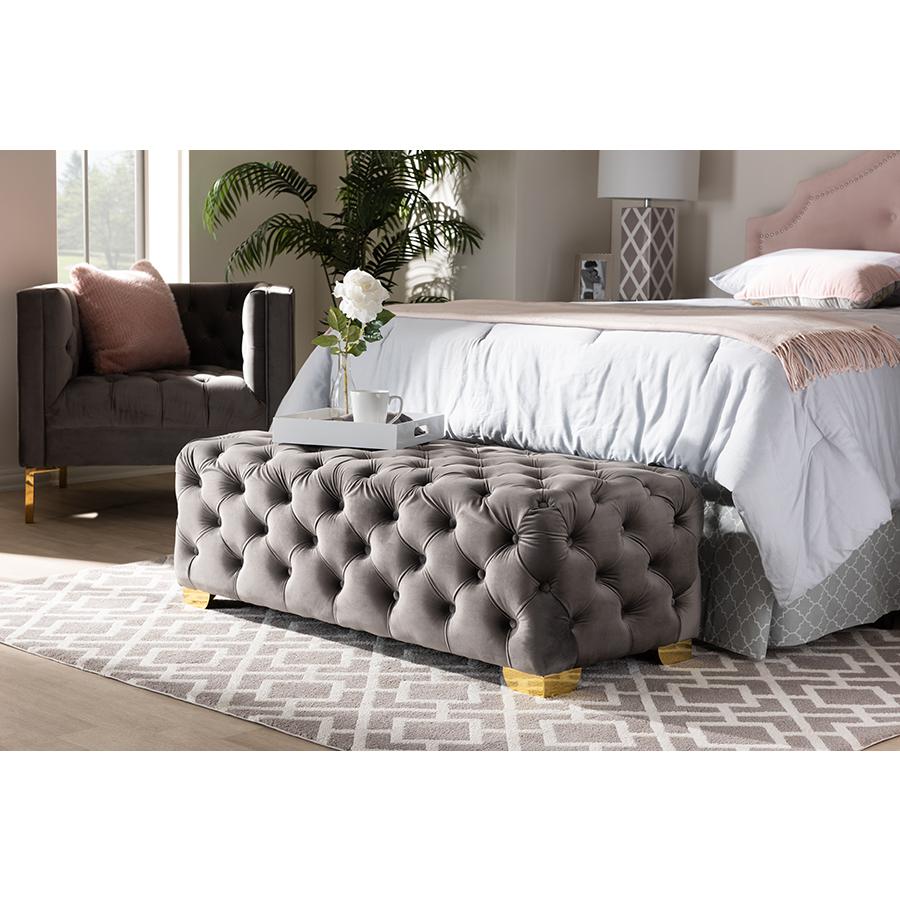 Luxe Gray Velvet Fabric Upholstered Gold Finished Button Tufted Bench Ottoman. Picture 9