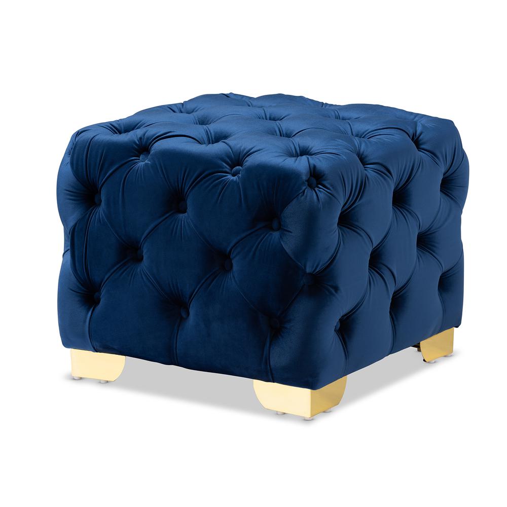 Luxe Royal Blue Velvet Fabric Upholstered Gold Finished Button Tufted Ottoman. Picture 8