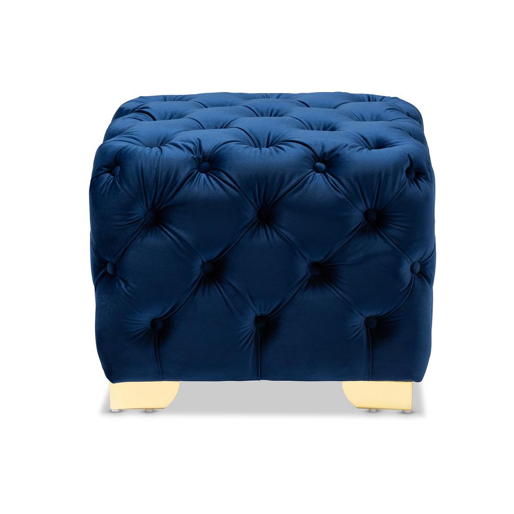Luxe Royal Blue Velvet Fabric Upholstered Gold Finished Button Tufted Ottoman. Picture 9