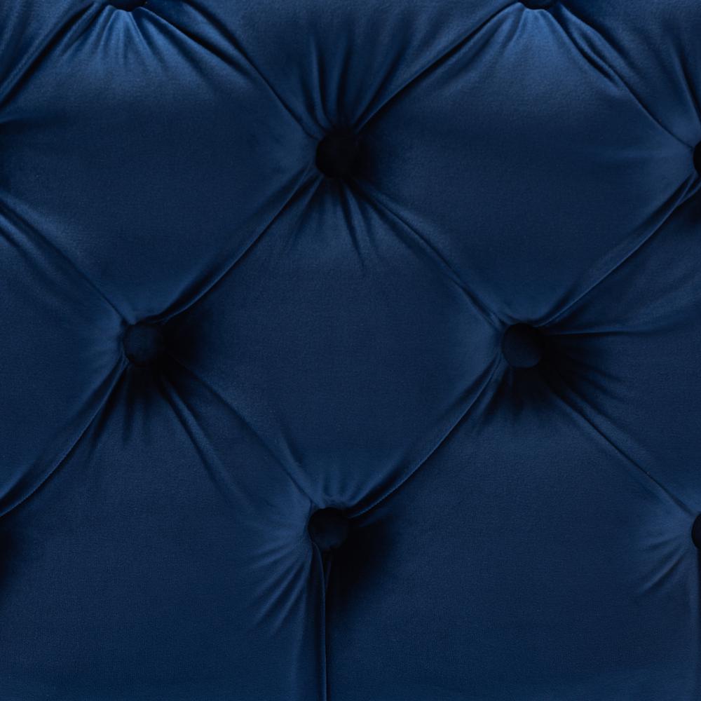 Luxe Royal Blue Velvet Fabric Upholstered Gold Finished Button Tufted Ottoman. Picture 10
