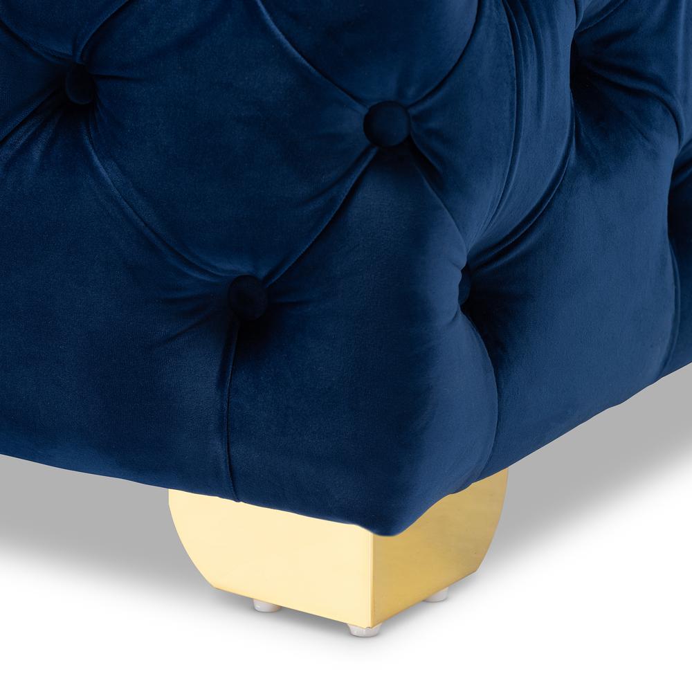 Luxe Royal Blue Velvet Fabric Upholstered Gold Finished Button Tufted Ottoman. Picture 11