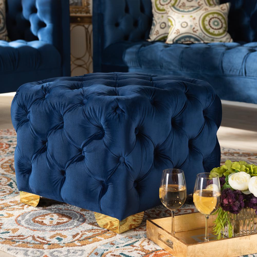 Luxe Royal Blue Velvet Fabric Upholstered Gold Finished Button Tufted Ottoman. Picture 12