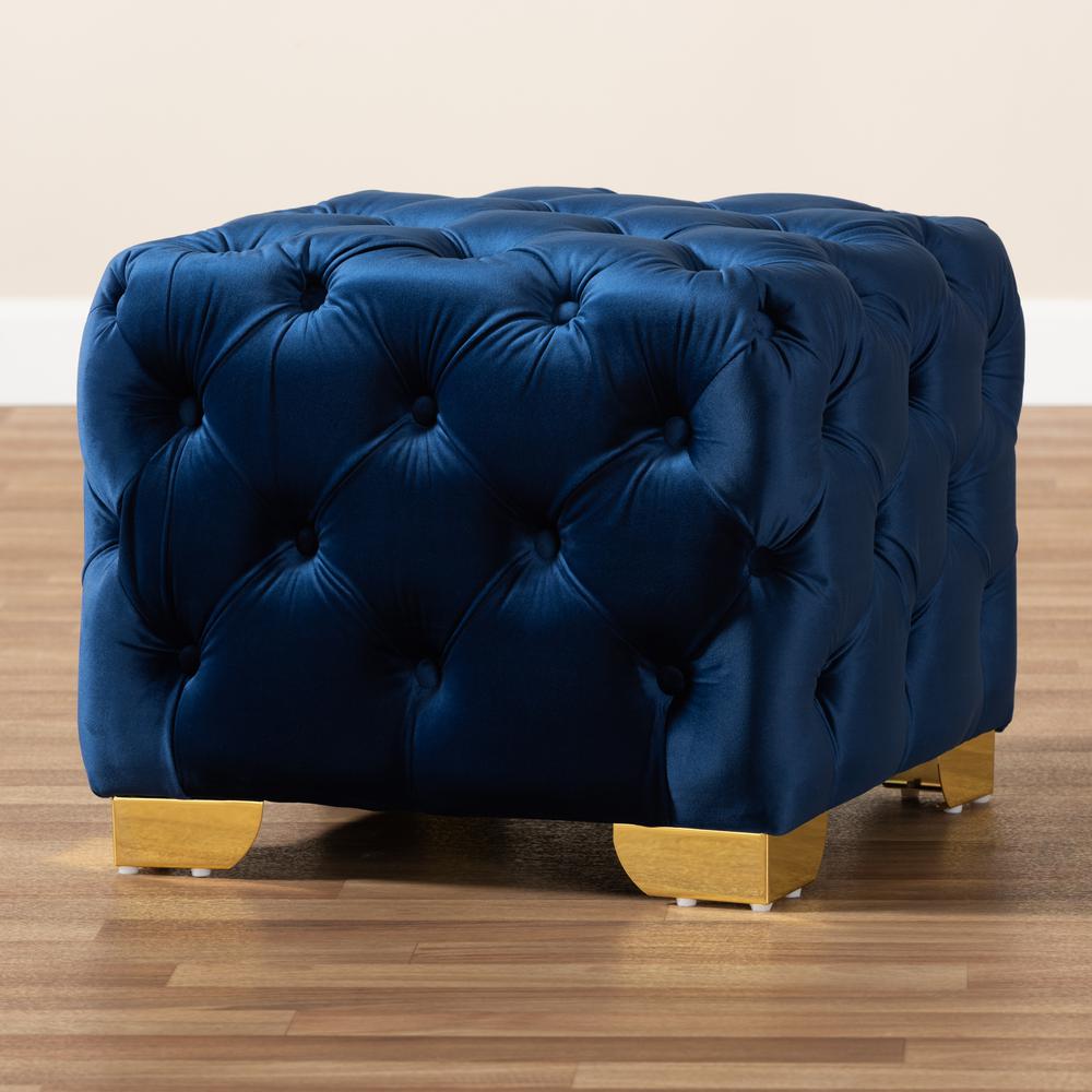 Luxe Royal Blue Velvet Fabric Upholstered Gold Finished Button Tufted Ottoman. Picture 13