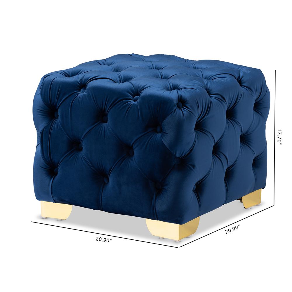 Luxe Royal Blue Velvet Fabric Upholstered Gold Finished Button Tufted Ottoman. Picture 14