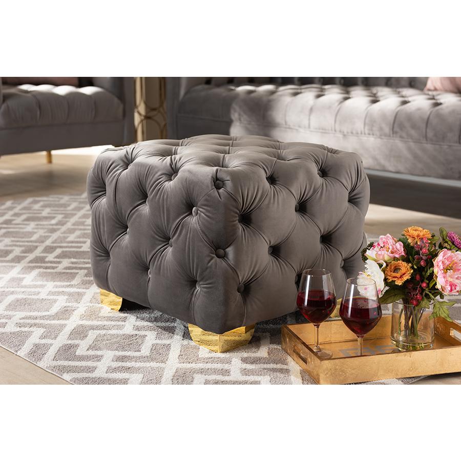 Baxton Studio Avara Glam and Luxe Gray Velvet Fabric Upholstered Gold Finished Button Tufted Ottoman. Picture 6