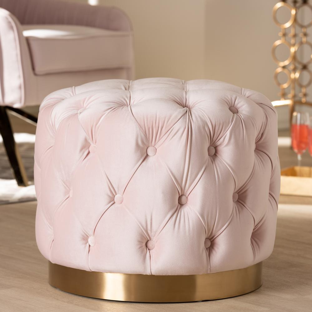 Baxton Studio Valeria Glam Light Pink Velvet Fabric Upholstered Gold-Finished Button Tufted Ottoman. Picture 4