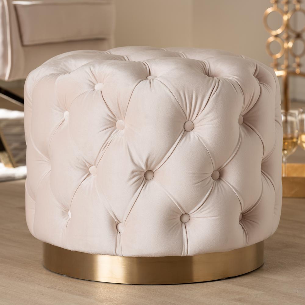 Baxton Studio Valeria Glam Light Beige Velvet Fabric Upholstered Gold-Finished Button Tufted Ottoman. Picture 4