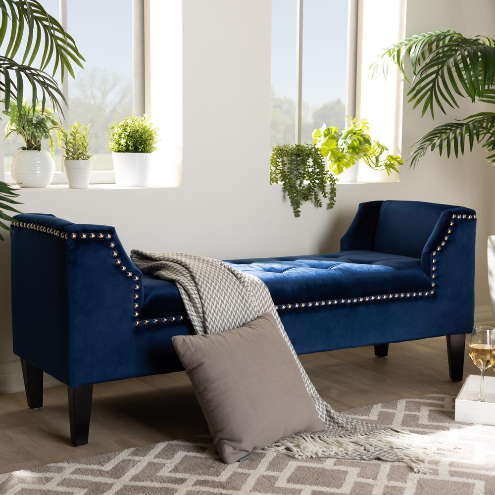 Baxton Studio Perret Modern and Contemporary Royal Blue Velvet Fabric Upholstered Espresso Finished Wood Bench. Picture 8