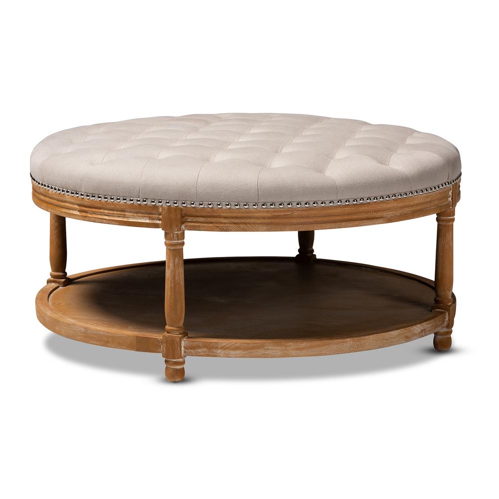 White-Washed Oak Wood Button-Tufted Cocktail Ottoman with Shelf. Picture 8