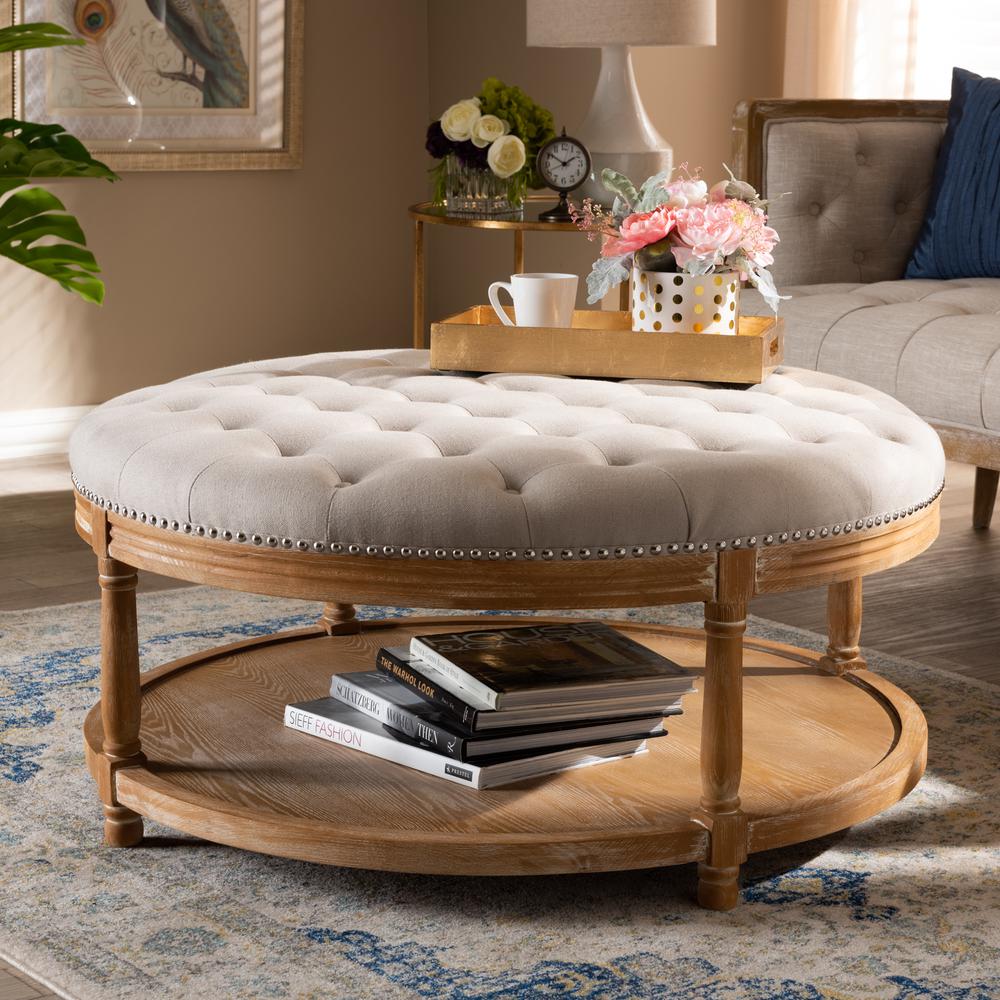 Baxton Studio Ambroise French Provincial Beige Linen Fabric Upholstered and White-Washed Oak Wood Button-Tufted Cocktail Ottoman with Shelf. Picture 6
