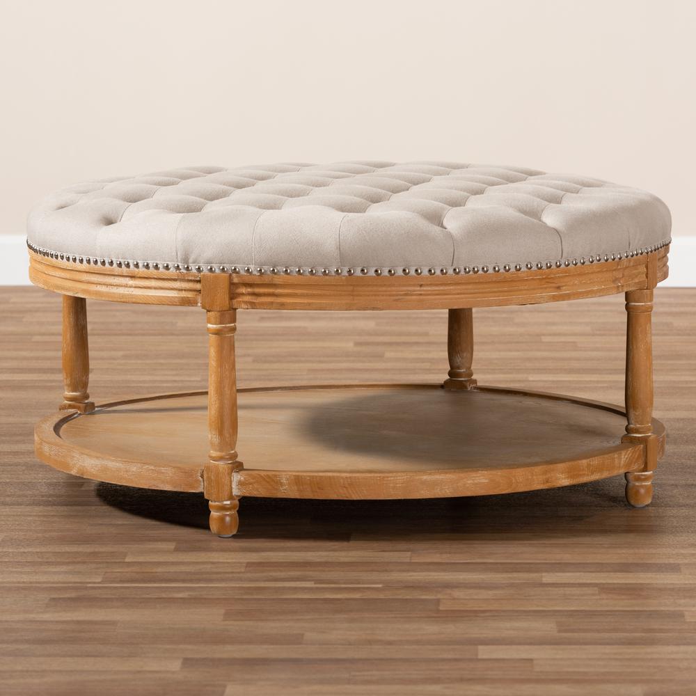 White-Washed Oak Wood Button-Tufted Cocktail Ottoman with Shelf. Picture 13