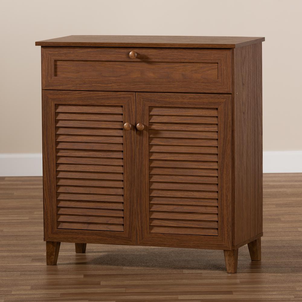 Walnut Finished 4-Shelf Wood Shoe Storage Cabinet with Drawer. Picture 19