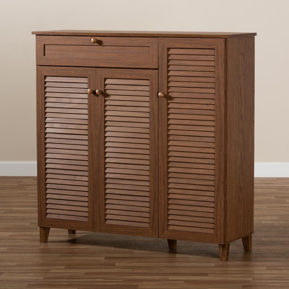 Walnut Finished 11-Shelf Wood Shoe Storage Cabinet with Drawer. Picture 19
