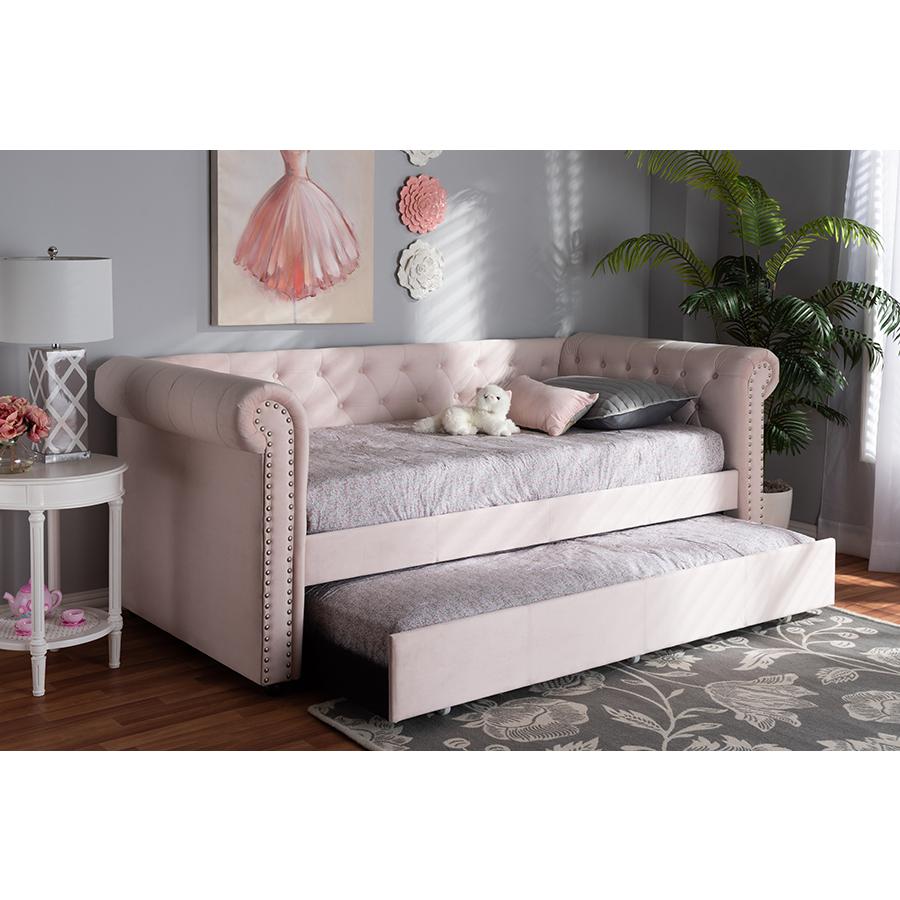 Light Pink Velvet Upholstered Daybed with Trundle. Picture 11