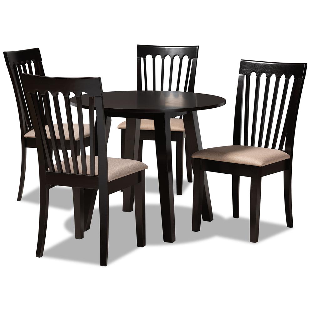 Sand Fabric Upholstered and Dark Brown Finished Wood 5-Piece Dining Set. Picture 10
